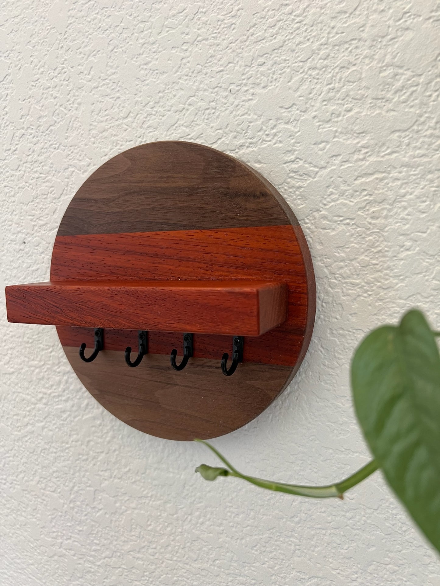 Handmade Round Key Rack with Shelf - 4 Hooks - Walnut and Padauk