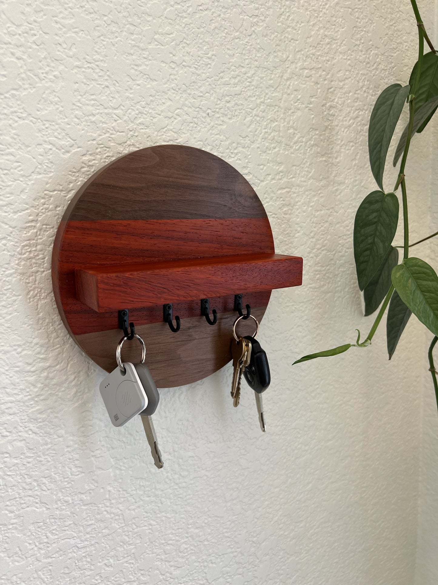 Handmade Round Key Rack with Shelf - 4 Hooks - Walnut and Padauk