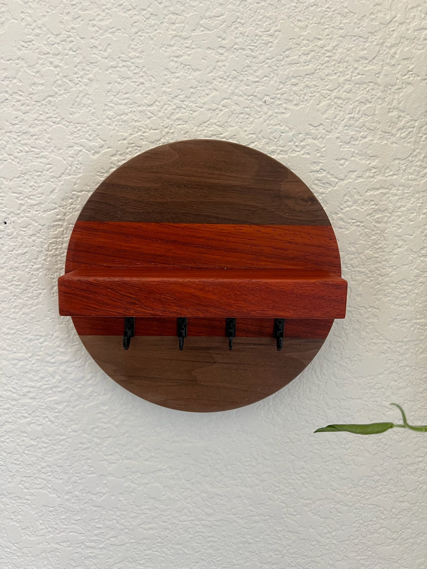 Handmade Round Key Rack with Shelf - 4 Hooks - Walnut and Padauk