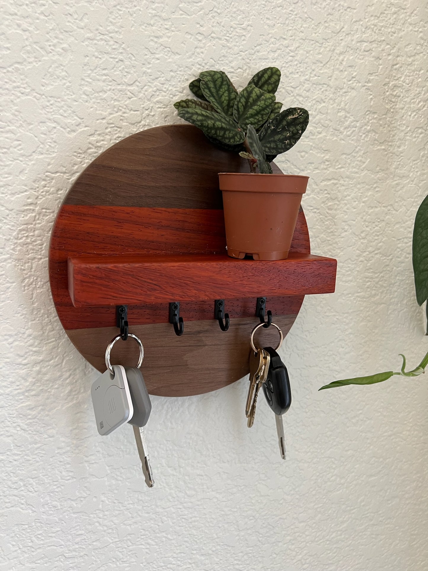 Handmade Round Key Rack with Shelf - 4 Hooks - Walnut and Padauk