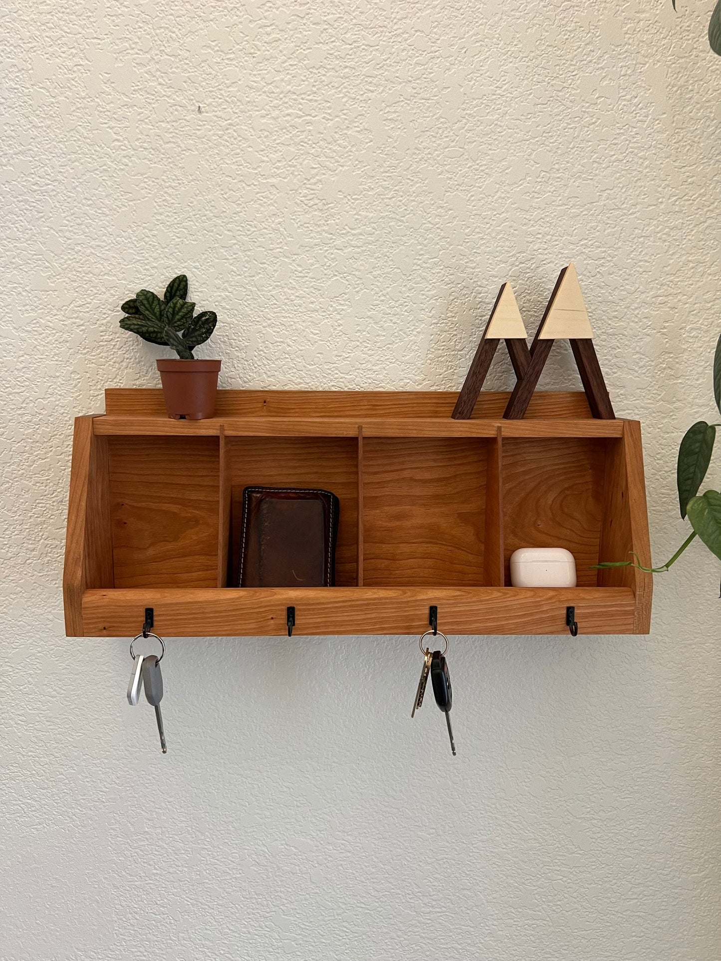 Handmade Wall Hanging Key Holder and Organizer - 4 key hooks - Solid Cherry Hardwood - Entryway Organizer - Key Rack - Wallet Glasses Holder