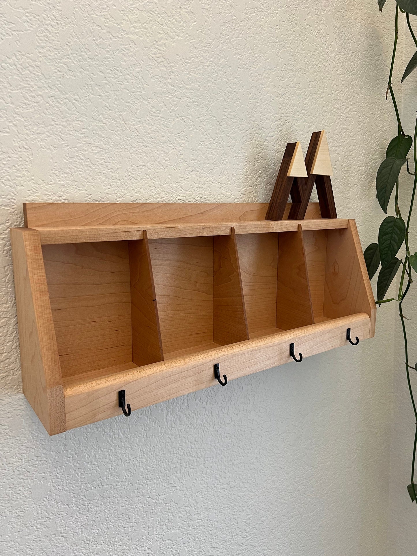 Handmade Wall Hanging Key Holder and Organizer - 4 key hooks - Solid Maple Hardwood - Entryway Organizer - Key Rack - Wallet Glasses Holder