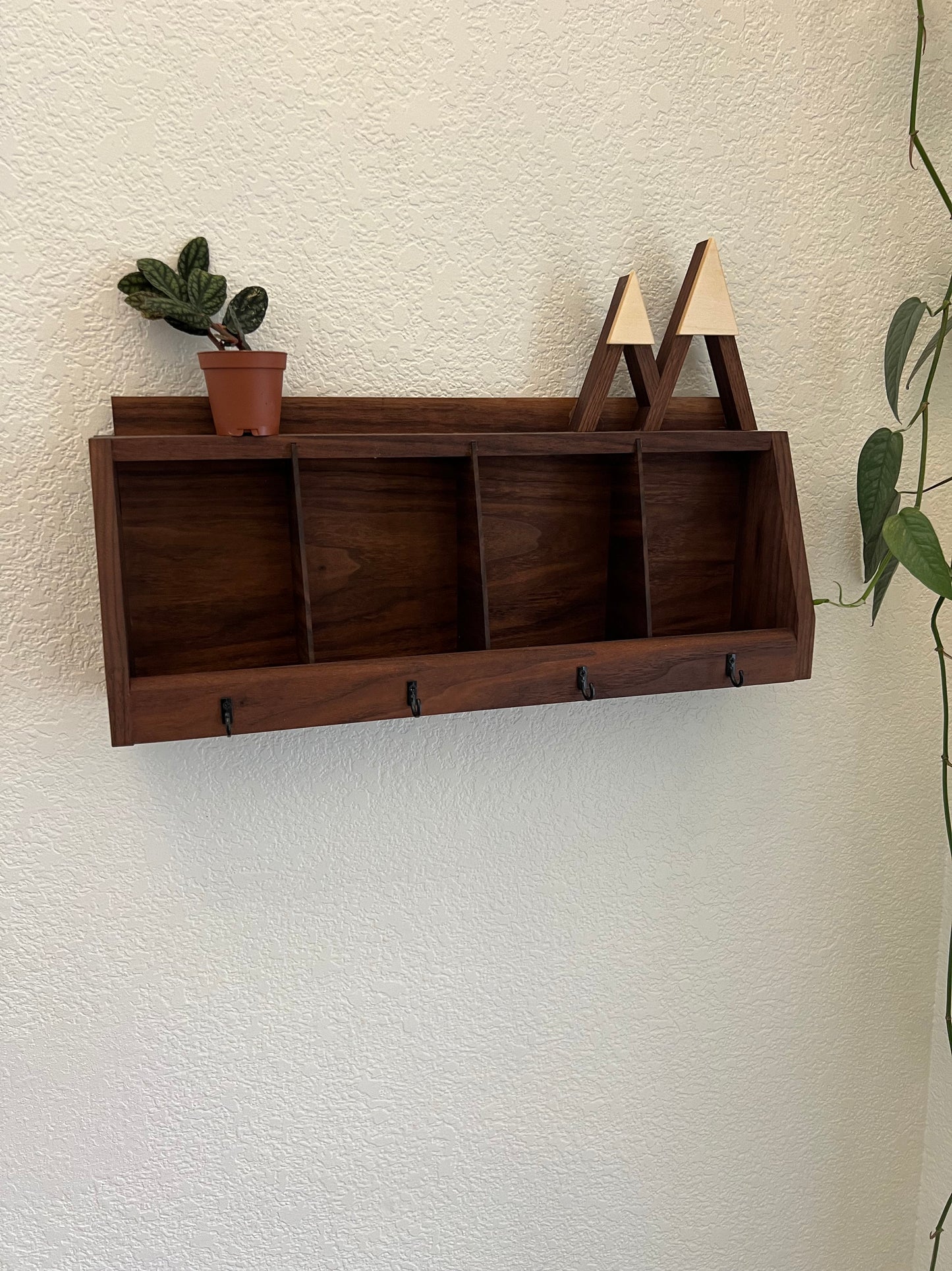 Handmade Wall Hanging Key Holder and Organizer - 4 key hooks - Solid Walnut -Entryway Organizer - Key Rack - Wallet Glasses Holder