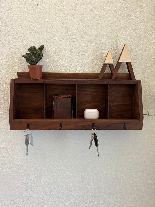 Handmade Wall Hanging Key Holder and Organizer - 4 key hooks - Solid Walnut -Entryway Organizer - Key Rack - Wallet Glasses Holder