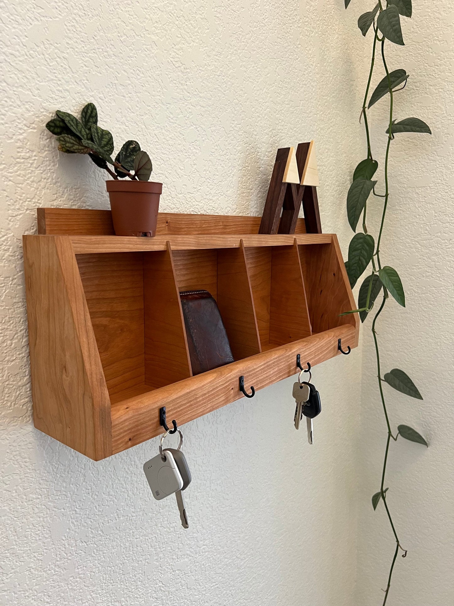 Handmade Wall Hanging Key Holder and Organizer - 4 key hooks - Solid Cherry Hardwood - Entryway Organizer - Key Rack - Wallet Glasses Holder