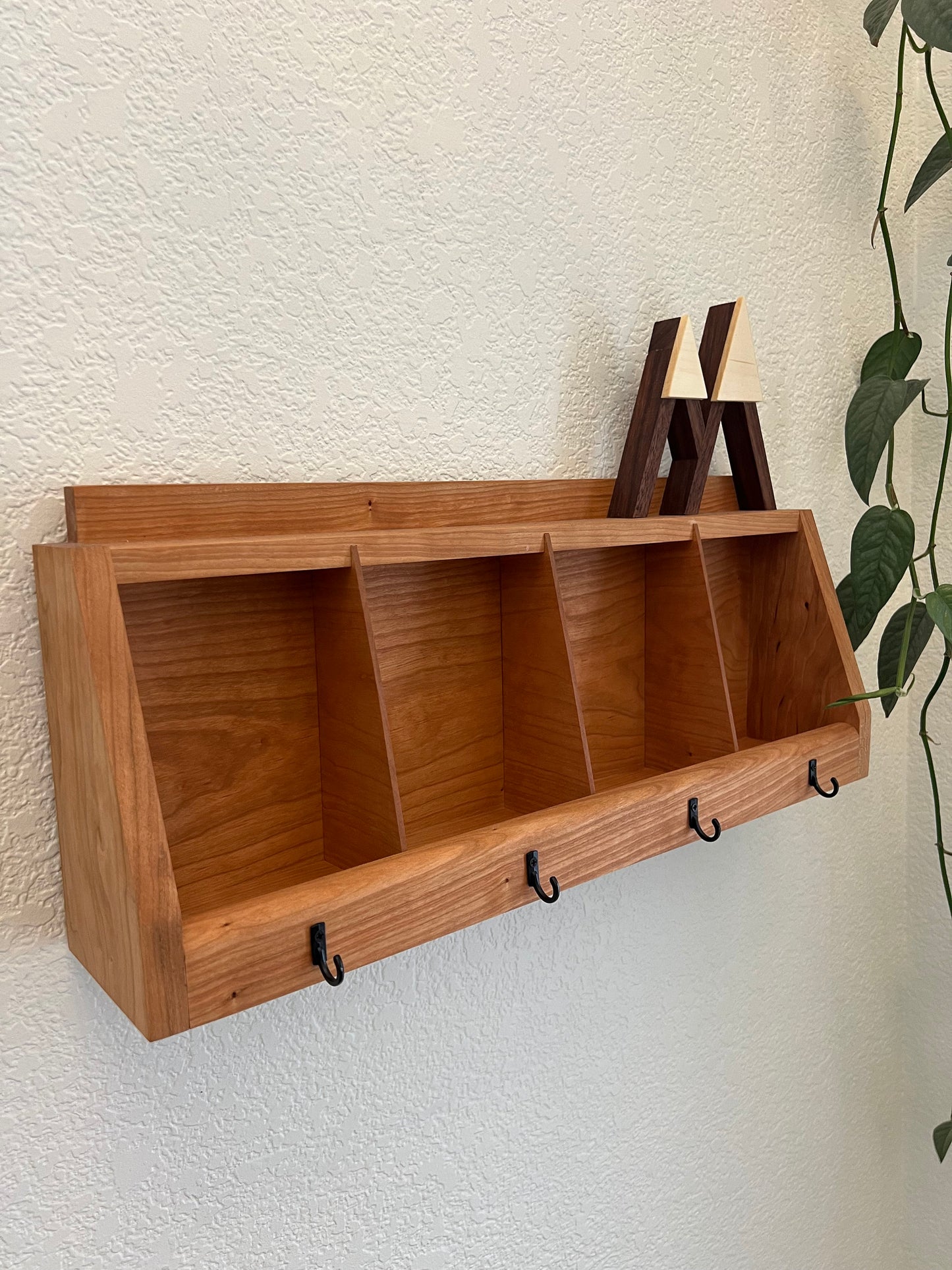 Handmade Wall Hanging Key Holder and Organizer - 4 key hooks - Solid Cherry Hardwood - Entryway Organizer - Key Rack - Wallet Glasses Holder