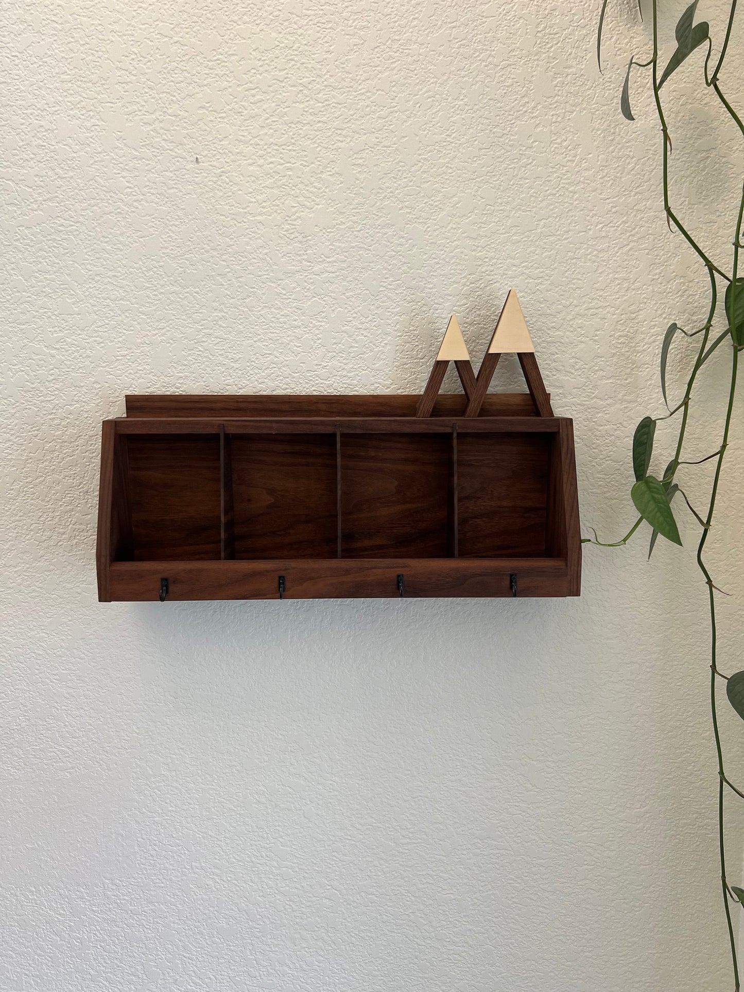 Handmade Wall Hanging Key Holder and Organizer - 4 key hooks - Solid Walnut -Entryway Organizer - Key Rack - Wallet Glasses Holder