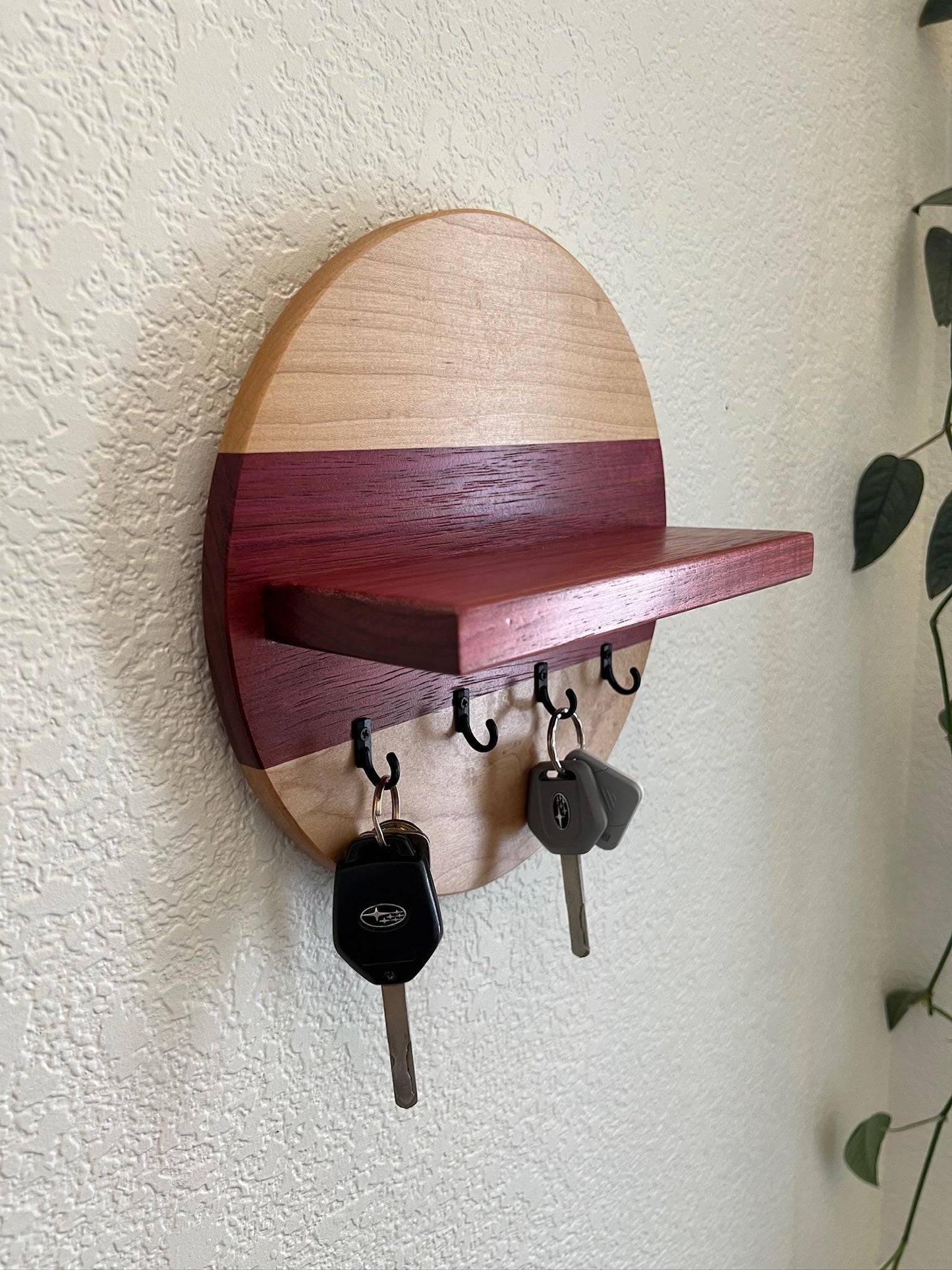 Handmade Round Key Rack with Shelf, 4 Key Hooks, Natural and Solid Hardwoods, 7 inches, Entryway Organizer, Key Holder, Wallet Holder