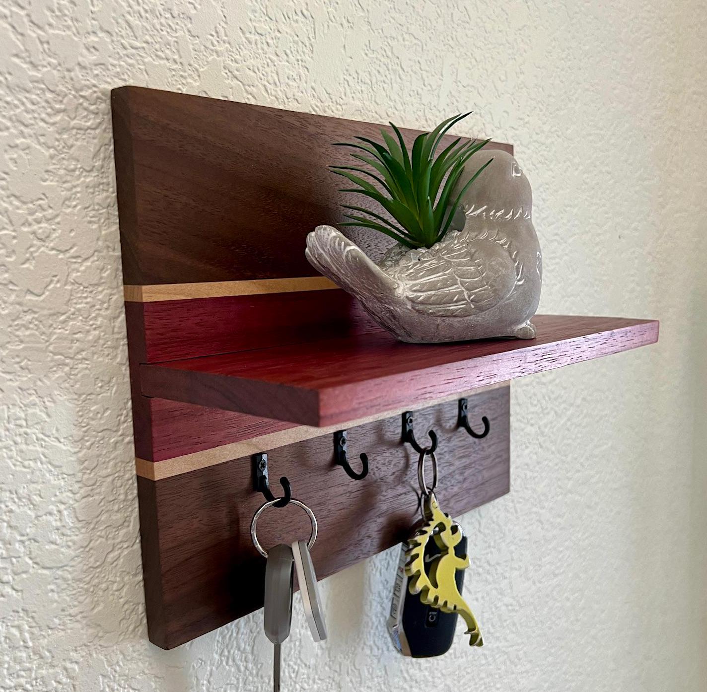 Handmade key rack with shelf - solid hardwood - entryway organizer - walnut, maple, purpleheart