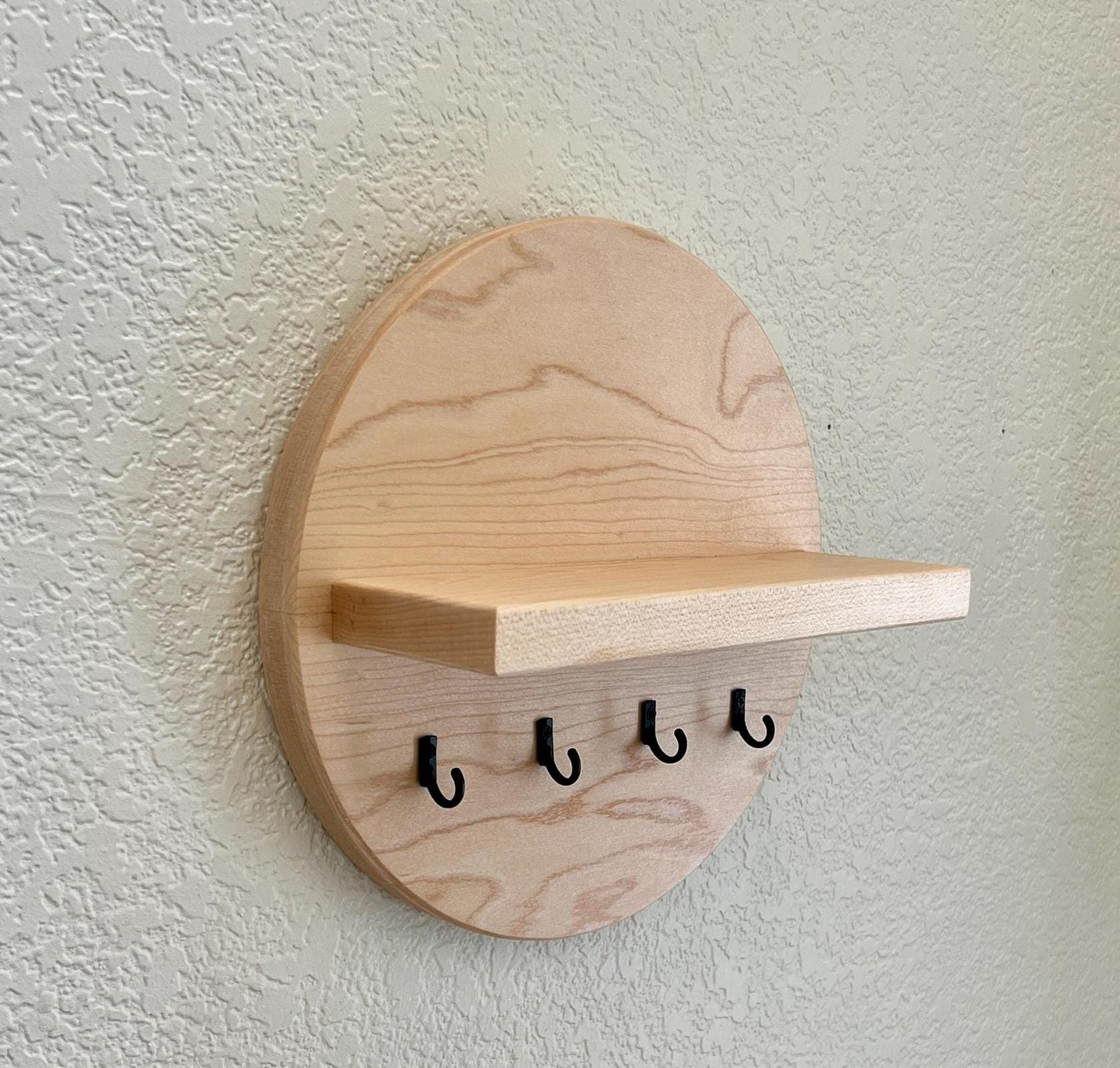 Handmade Round Key Rack with Shelf, 4 Key Hooks, Natural and Solid Hardwoods, 7 inches, Entryway Organizer, Key Holder, Wallet Holder