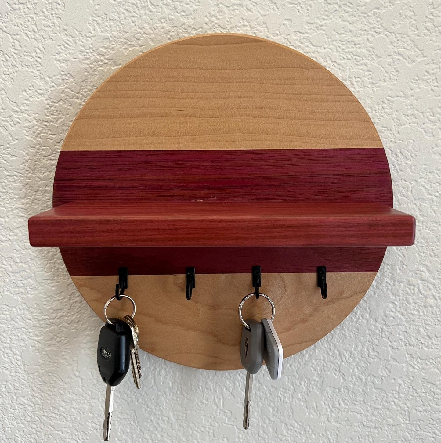 Handmade Round Key Rack with Shelf, 4 Key Hooks, Natural and Solid Hardwoods, 7 inches, Entryway Organizer, Key Holder, Wallet Holder