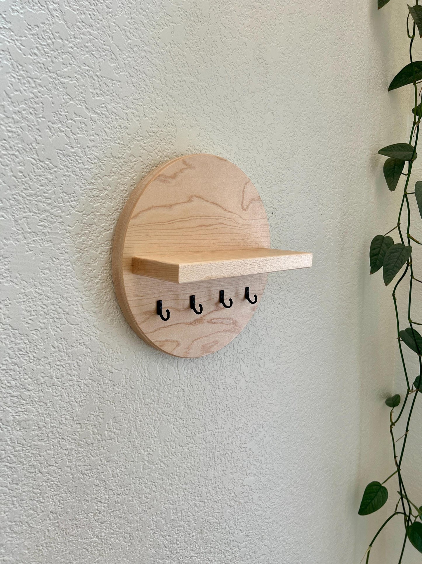 Handmade Round Key Rack with Shelf, 4 Key Hooks, Natural and Solid Hardwoods, 7 inches, Entryway Organizer, Key Holder, Wallet Holder