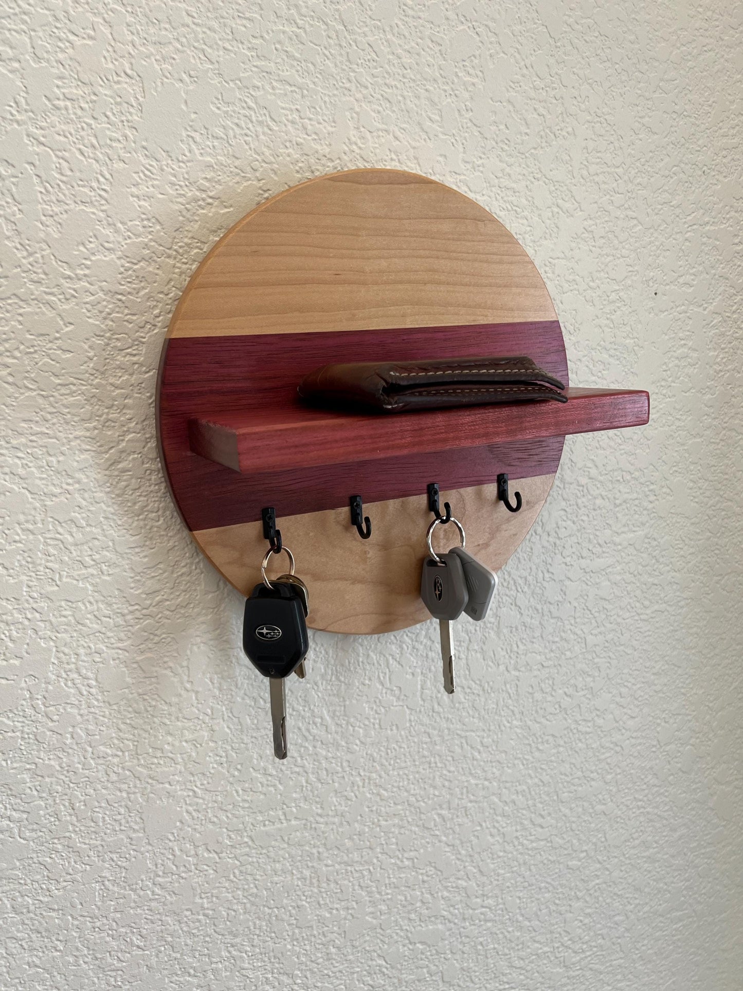 Handmade Round Key Rack with Shelf, 4 Key Hooks, Natural and Solid Hardwoods, 7 inches, Entryway Organizer, Key Holder, Wallet Holder