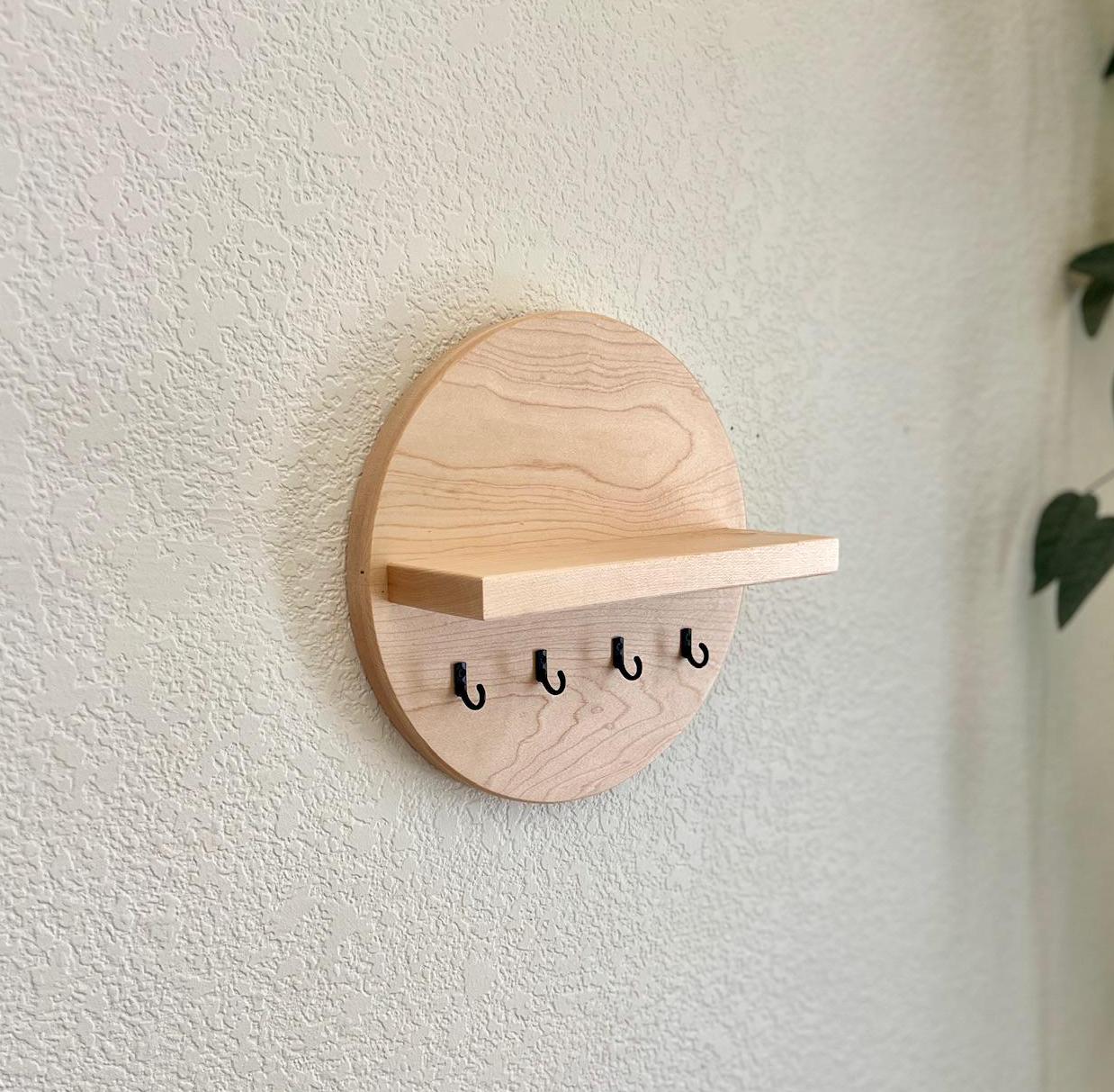 Handmade Round Key Rack Shelf, 4 Key Hooks, 10 inch Natural Solid Hardwoods, Entryway Organizer, Key Holder, Wallet Holder