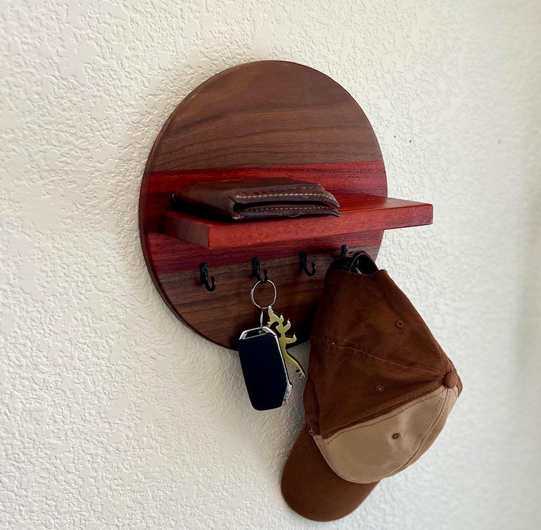 Handmade Round Key Rack with Shelf, 4 Key Hooks, 10 inch Natural Walnut and Padauk Hardwoods, Entryway Organizer, Key Holder, Wallet Holder