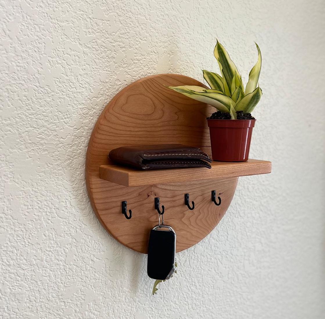 Handmade Round Key Rack Shelf, 4 Key Hooks, 10 inch Natural Solid Hardwoods, Entryway Organizer, Key Holder, Wallet Holder