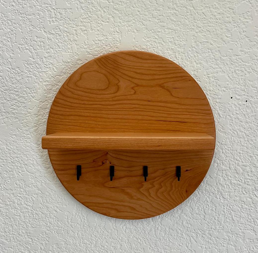 Handmade Round Key Rack Shelf, 4 Key Hooks, 10 inch Natural Solid Hardwoods, Entryway Organizer, Key Holder, Wallet Holder