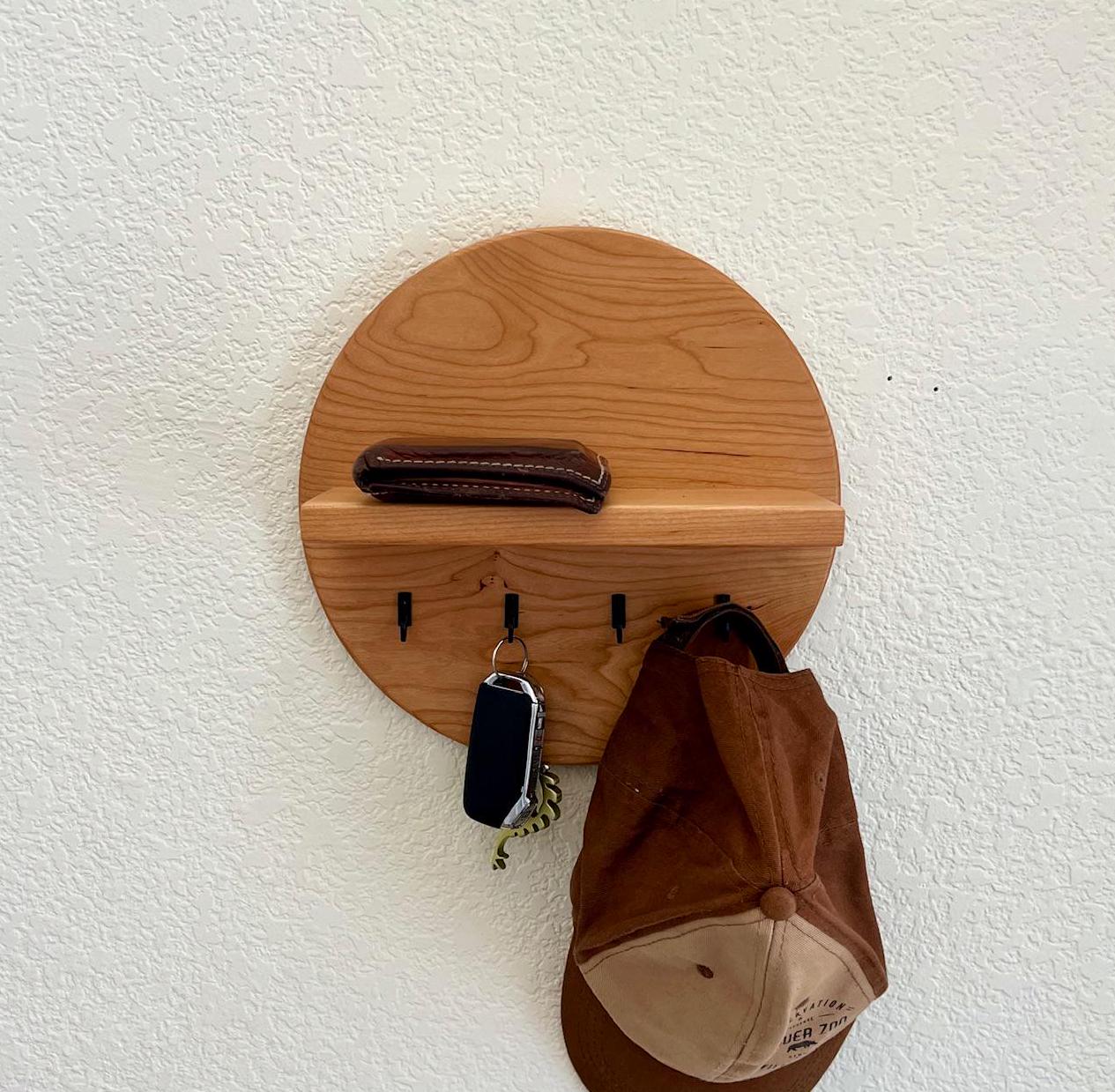 Handmade Round Key Rack Shelf, 4 Key Hooks, 10 inch Natural Solid Hardwoods, Entryway Organizer, Key Holder, Wallet Holder