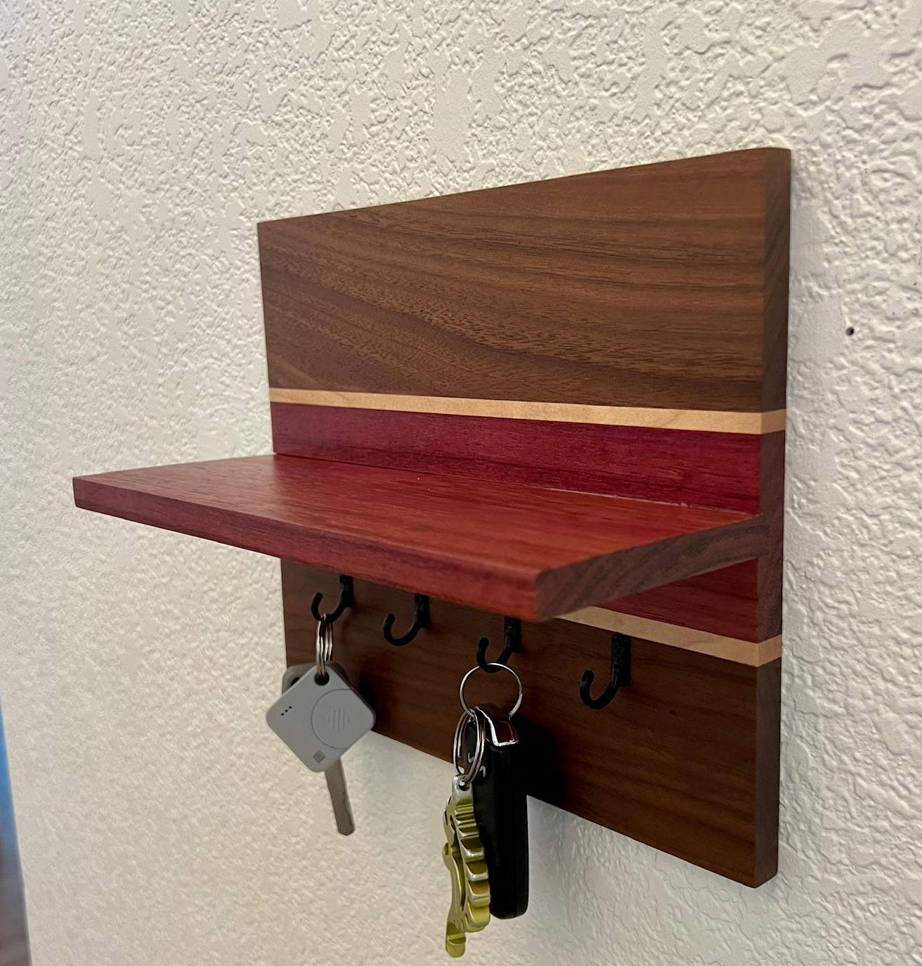 Handmade key rack with shelf - solid hardwood - entryway organizer - walnut, maple, purpleheart