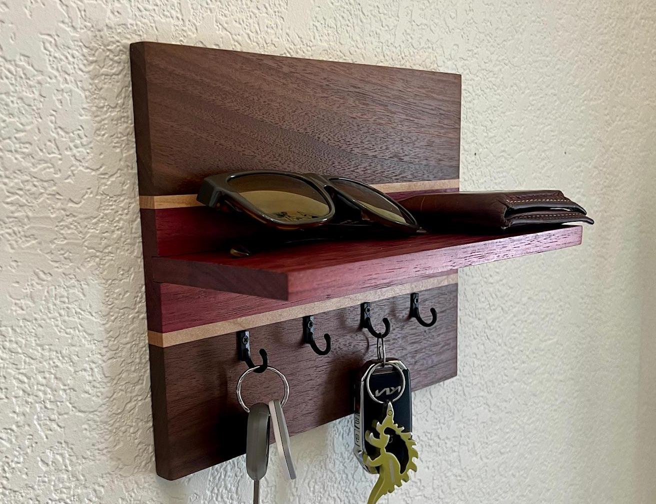 Handmade key rack with shelf - solid hardwood - entryway organizer - walnut, maple, purpleheart