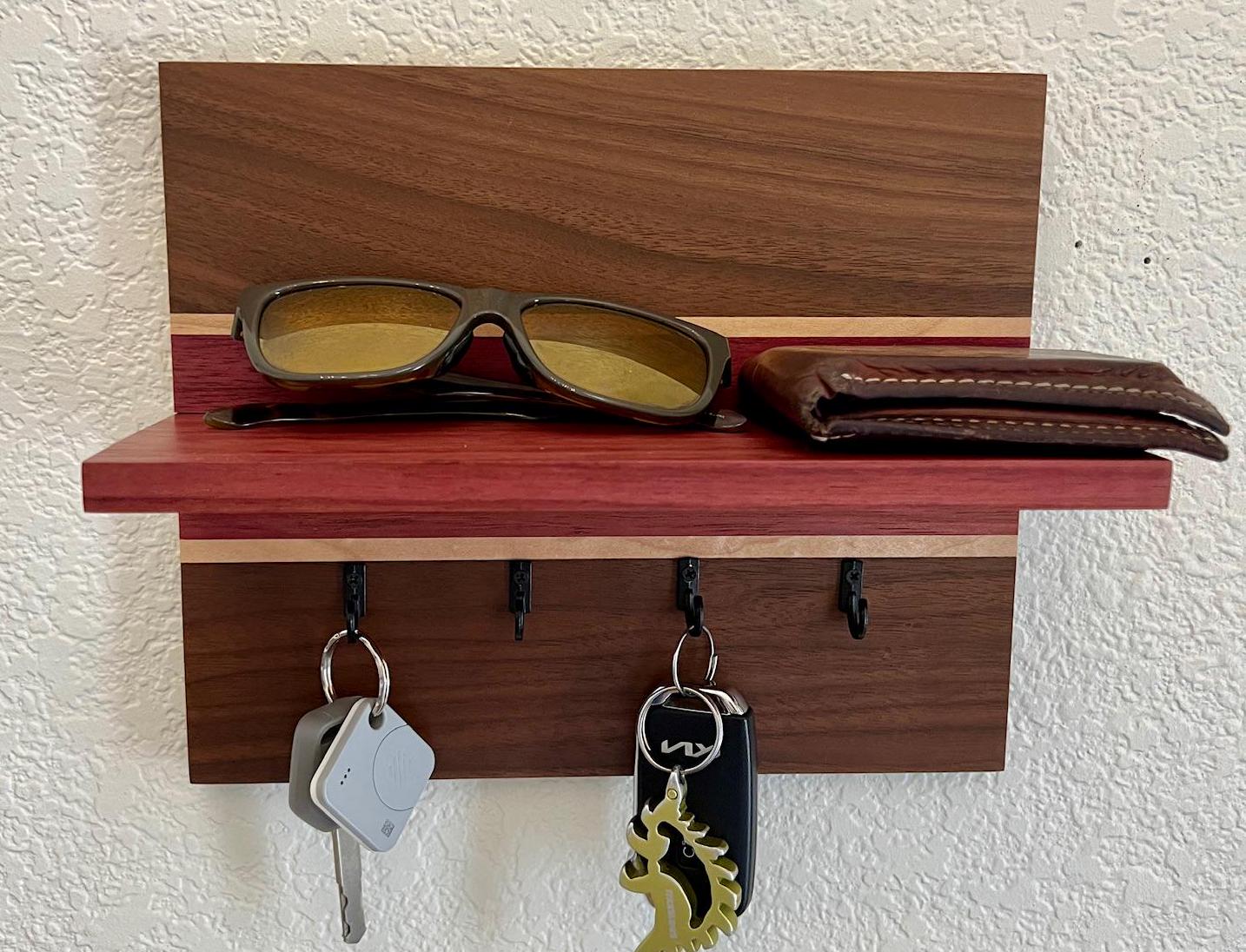 Handmade key rack with shelf - solid hardwood - entryway organizer - walnut, maple, purpleheart