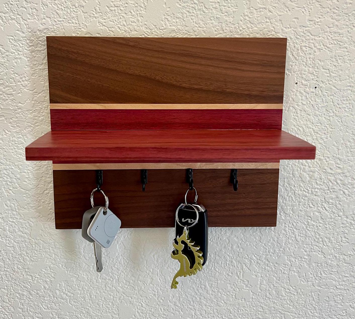 Handmade key rack with shelf - solid hardwood - entryway organizer - walnut, maple, purpleheart