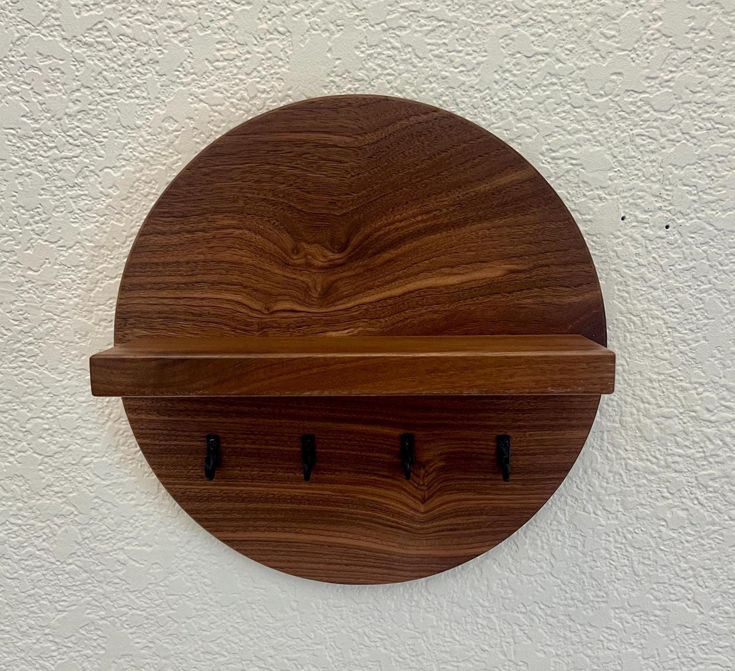 Handmade Round Key Rack with Shelf, 4 Key Hooks, Natural and Solid Hardwoods, 7 inches, Entryway Organizer, Key Holder, Wallet Holder