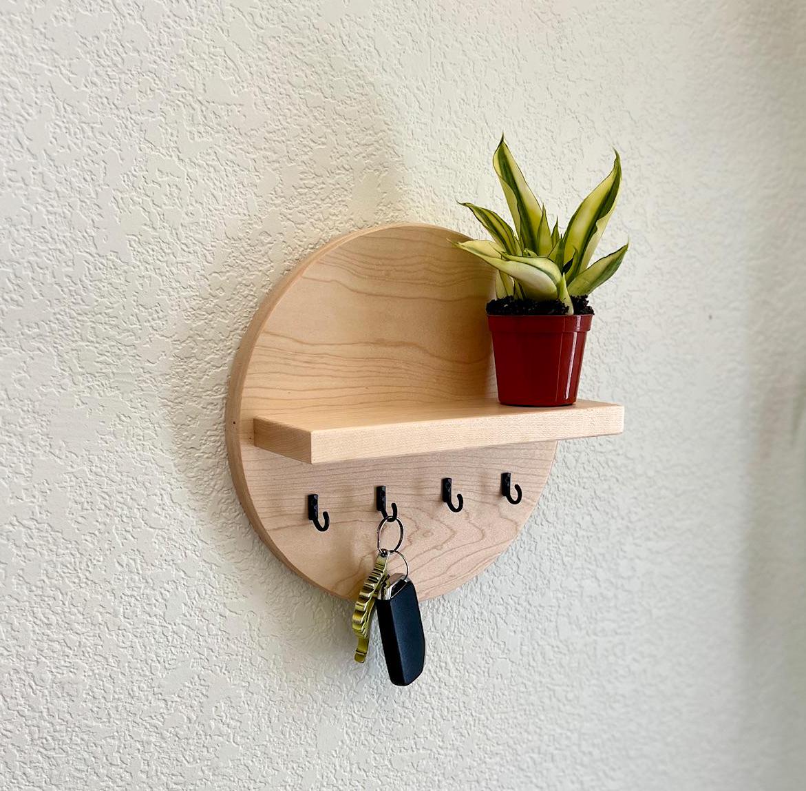 Handmade Round Key Rack Shelf, 4 Key Hooks, 10 inch Natural Solid Hardwoods, Entryway Organizer, Key Holder, Wallet Holder