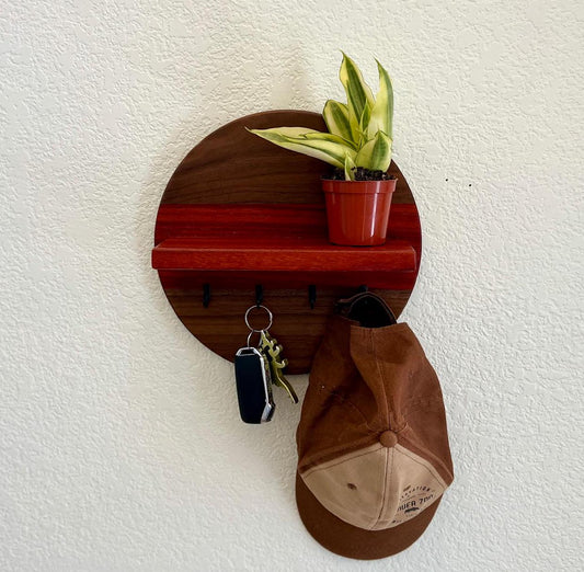 Handmade Round Key Rack with Shelf, 4 Key Hooks, 10 inch Natural Walnut and Padauk Hardwoods, Entryway Organizer, Key Holder, Wallet Holder