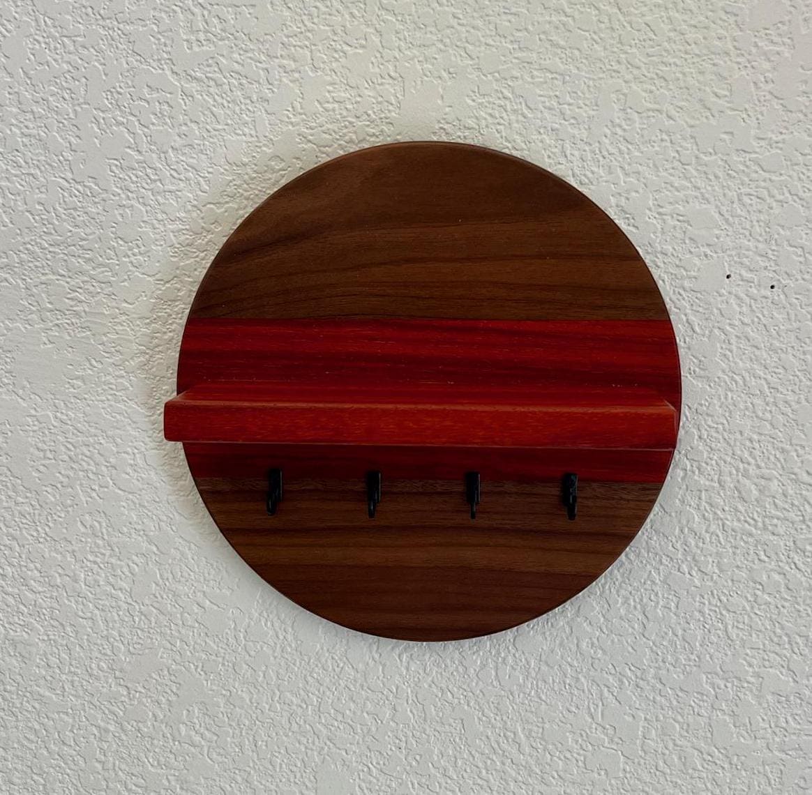 Handmade Round Key Rack with Shelf, 4 Key Hooks, 10 inch Natural Walnut and Padauk Hardwoods, Entryway Organizer, Key Holder, Wallet Holder