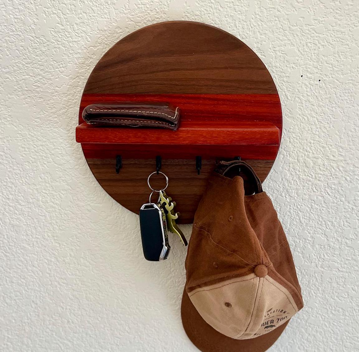 Handmade Round Key Rack with Shelf, 4 Key Hooks, 10 inch Natural Walnut and Padauk Hardwoods, Entryway Organizer, Key Holder, Wallet Holder