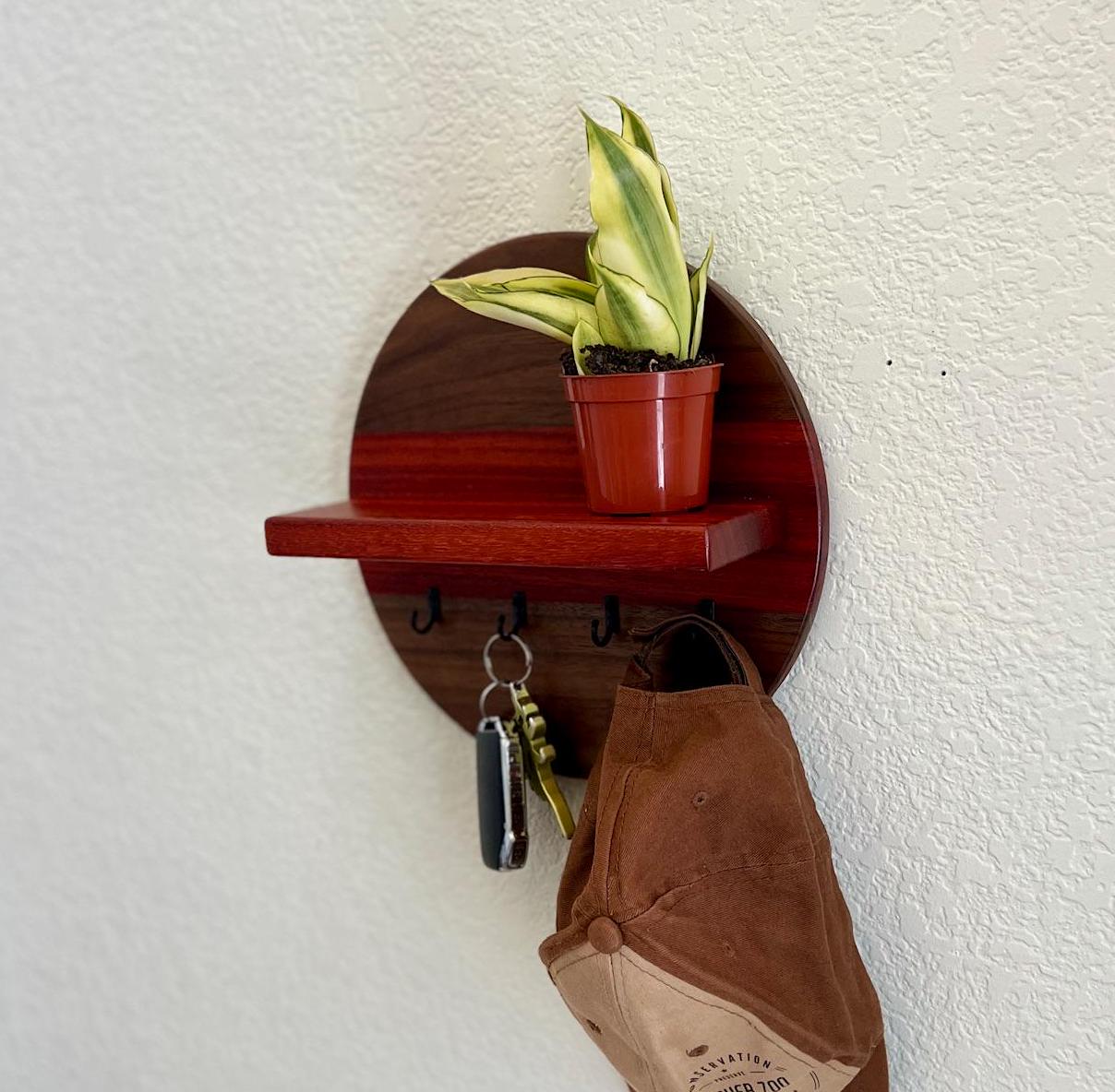 Handmade Round Key Rack with Shelf, 4 Key Hooks, 10 inch Natural Walnut and Padauk Hardwoods, Entryway Organizer, Key Holder, Wallet Holder