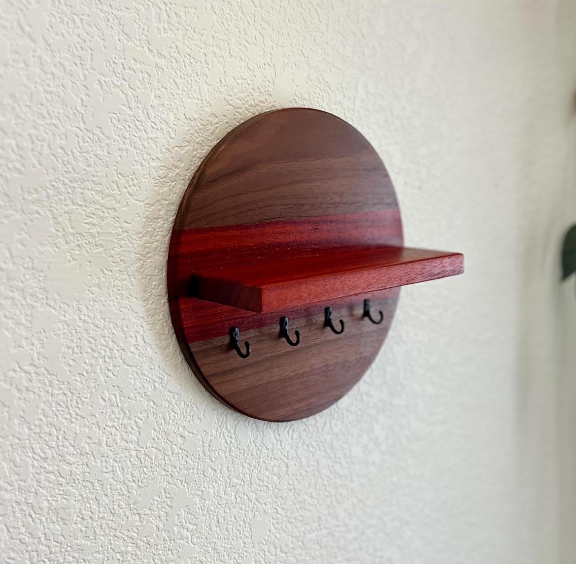 Handmade Round Key Rack with Shelf, 4 Key Hooks, 10 inch Natural Walnut and Padauk Hardwoods, Entryway Organizer, Key Holder, Wallet Holder