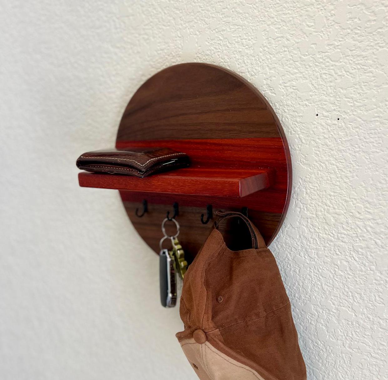 Handmade Round Key Rack with Shelf, 4 Key Hooks, 10 inch Natural Walnut and Padauk Hardwoods, Entryway Organizer, Key Holder, Wallet Holder