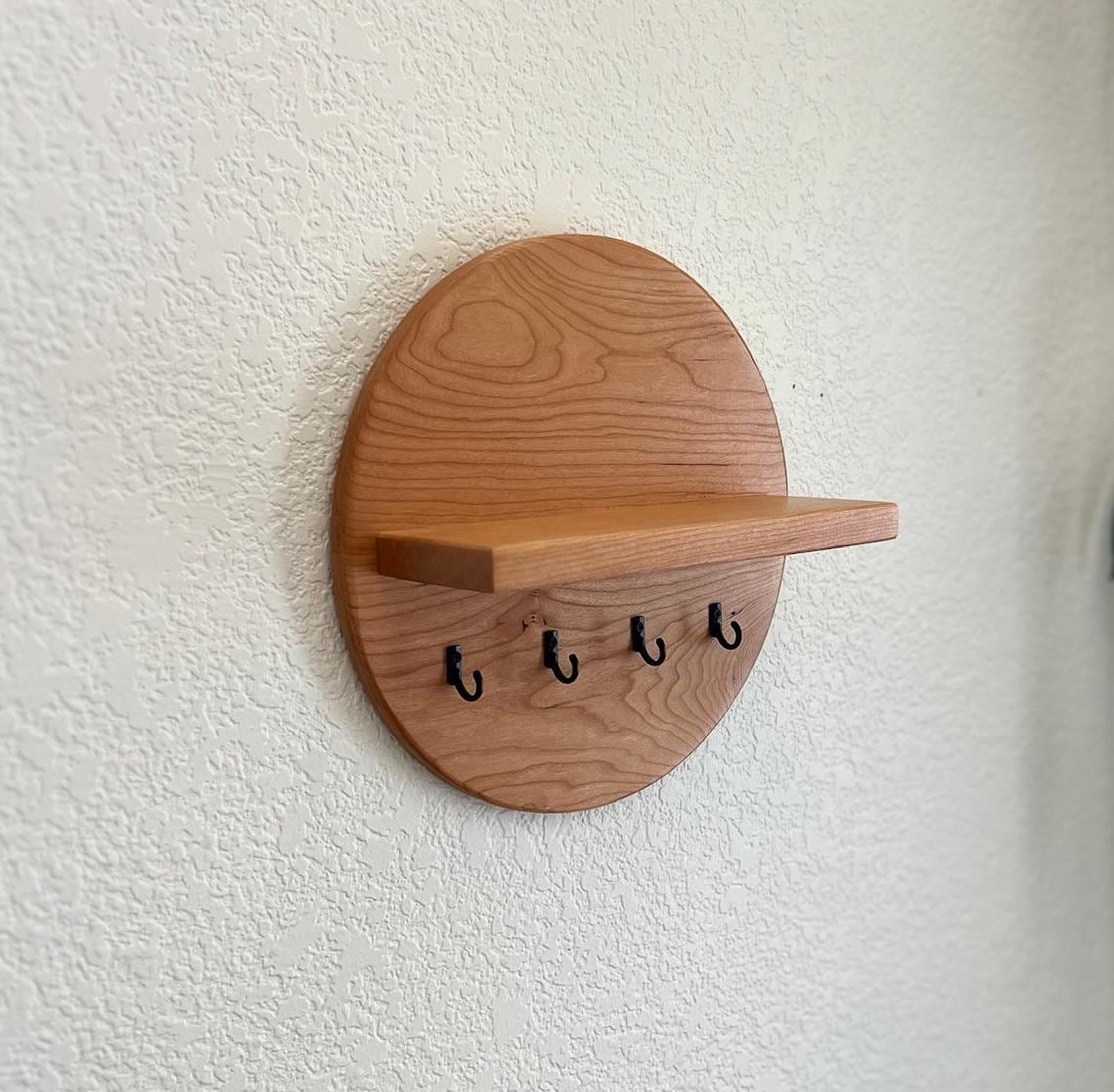 Handmade Round Key Rack Shelf, 4 Key Hooks, 10 inch Natural Solid Hardwoods, Entryway Organizer, Key Holder, Wallet Holder